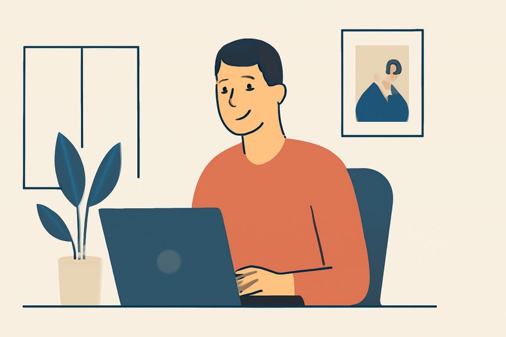Mann sitzt am Computer und erstellt eine E-Learning-Plattform