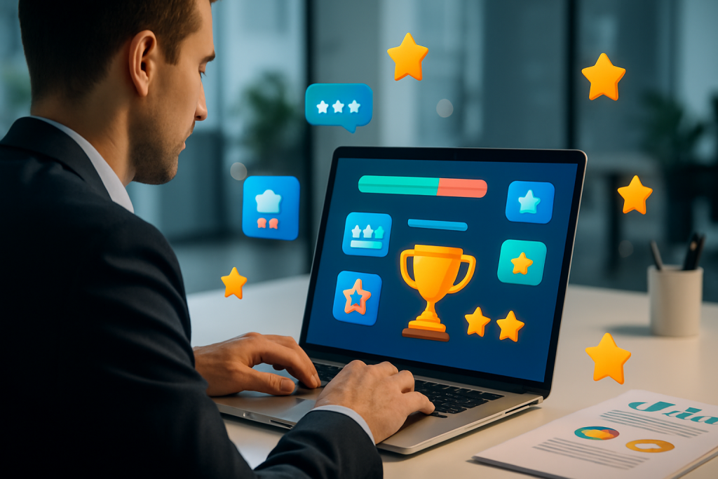 Person am Laptop mit Gamification-Elementen auf dem Bildschirm, digitales Compliance-Training und E-Learning im Unternehmen.