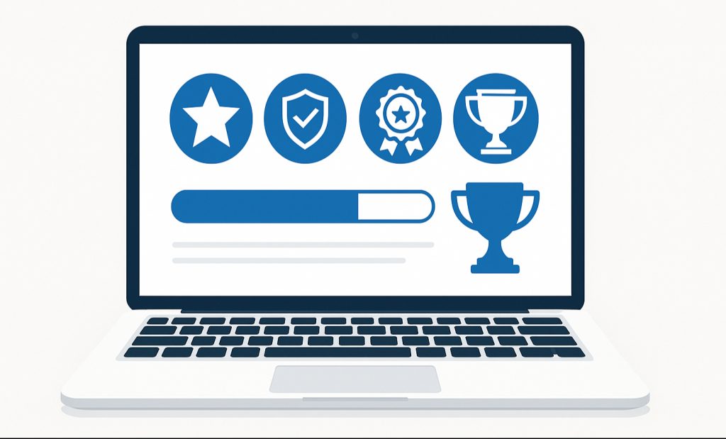 Vektorillustration, die „Gamification im Compliance-Training“ zeigt. Laptop-Bildschirm, Fortschrittsbalken, Abzeichen und Trophäensymbolen, sauberer Hintergrund, blau-weiße Farbpalette