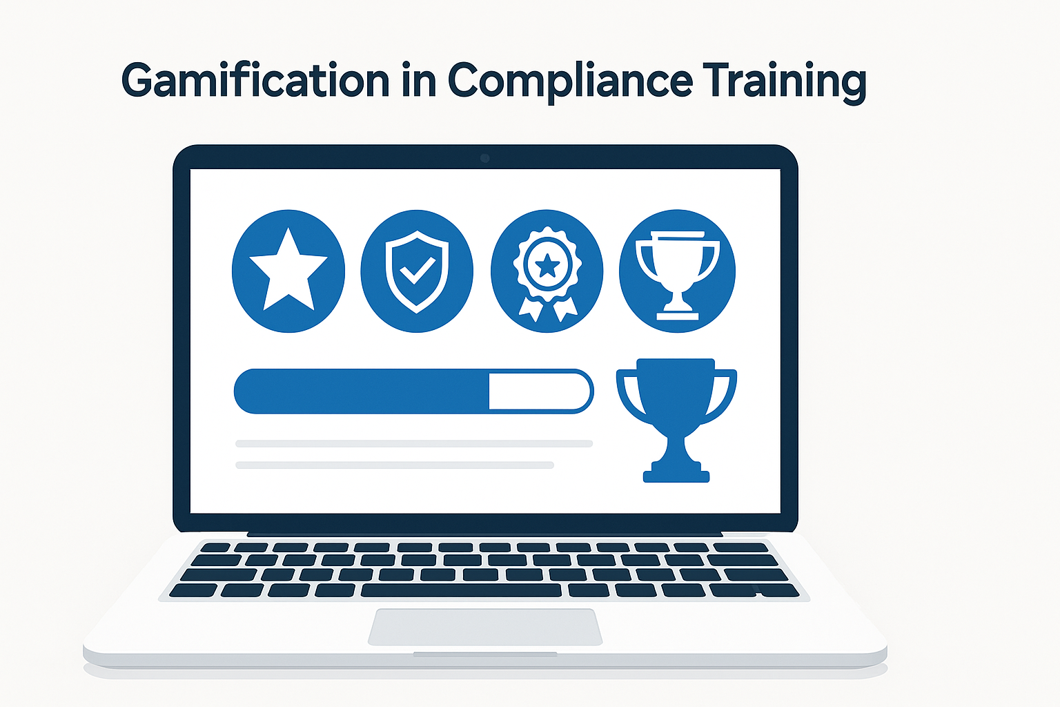 Vektorillustration, die „Gamification im Compliance-Training“ zeigt. Laptop-Bildschirm, Fortschrittsbalken, Abzeichen und Trophäensymbolen, sauberer Hintergrund, blau-weiße Farbpalette
