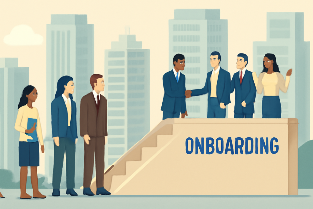 In der Mitte befindet sich eine Rampe oder Plattform mit der Aufschrift „ONBOARDING“, Auf der linken Seite stehen Geschäftsleute in formeller Kleidung auf oder neben der Rampe und bereiten sich darauf vor, dem Team beizutreten.
