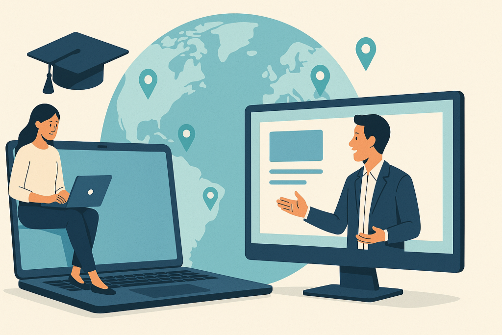 Eine Frau sitzt an einem großen Laptop, während ein Mann vor einem großen Computerbildschirm steht und eine Präsentation hält. Im Hintergrund ist ein Globus mit Standortmarkierungen zu sehen.