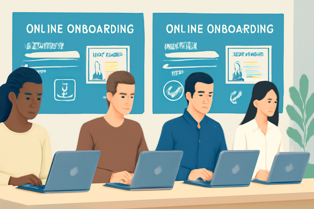Foto einer modernen Arbeitsumgebung mit einer vielfältigen Gruppe von Mitarbeitern, die Laptops für Online-Onboarding nutzen.