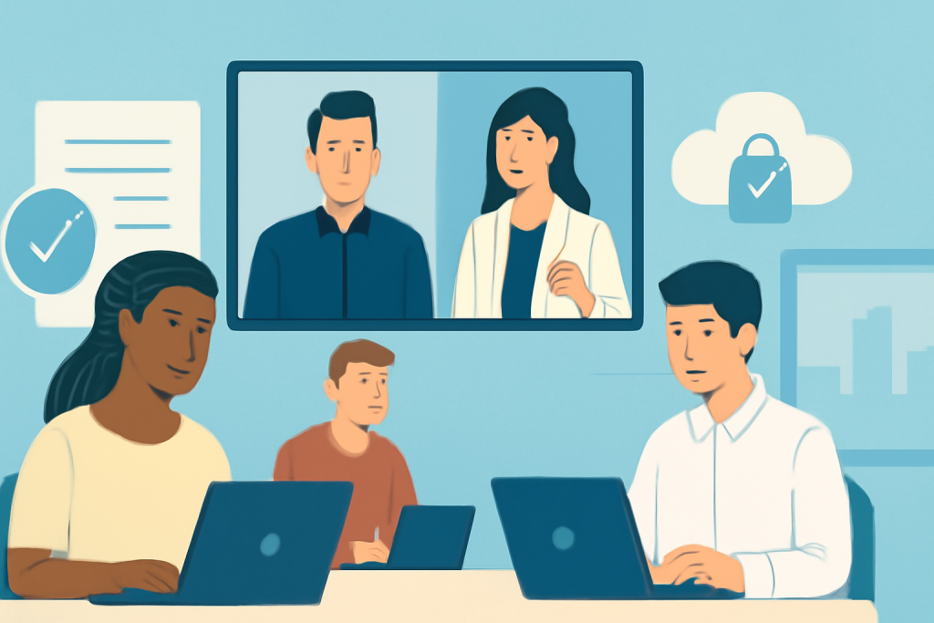Teilnehmer nehmen per Laptop und Videokonferenz an einer virtuellen Compliance-Schulung teil. Symbole für Häkchen, Dokumente und sichere Cloud-Systeme.
