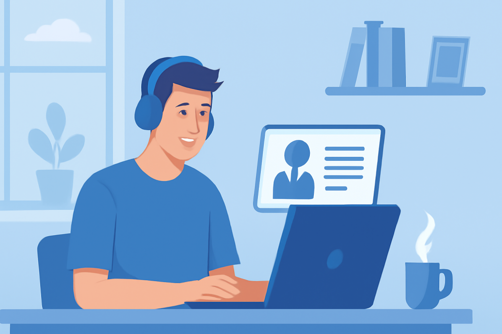 Junger Mitarbeiter nimmt von zuhause aus einer Online-Schulung in seinem Unternehmen teil