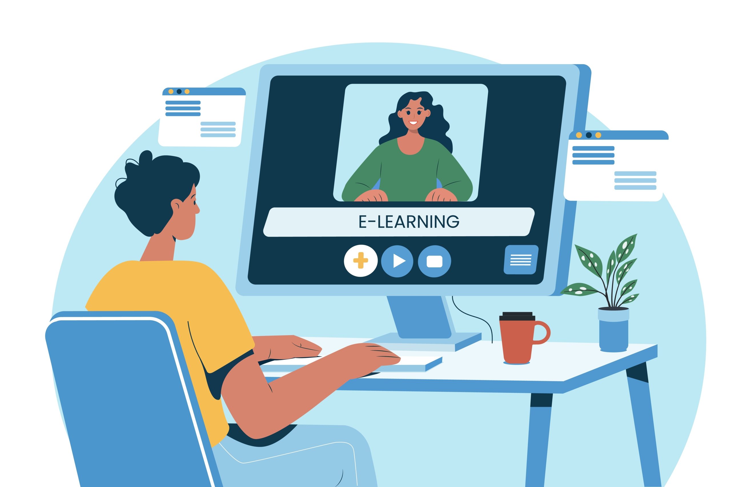 Person sitzt an Schreibtisch vor Computer mit E-Learning-Video und spricht mit Frau auf Bildschirm